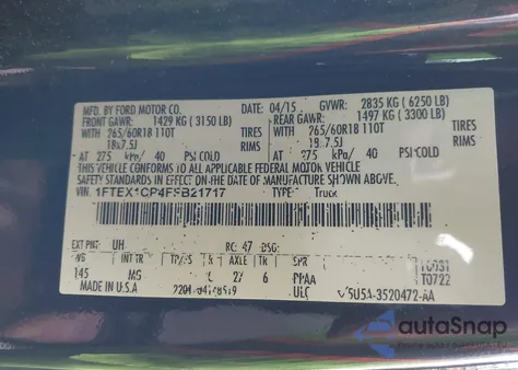 2015 Ford F-150 Xlt from USA, damaged, VIN 1FTEX1CP4FFB21717